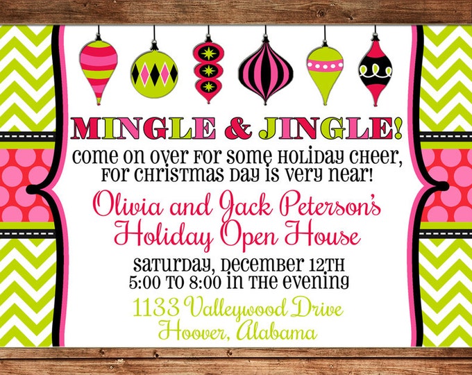 Christmas Invitation Ornament Swap Holiday Open House Party - Can personalize colors /wording - Printable File or Printed Cards