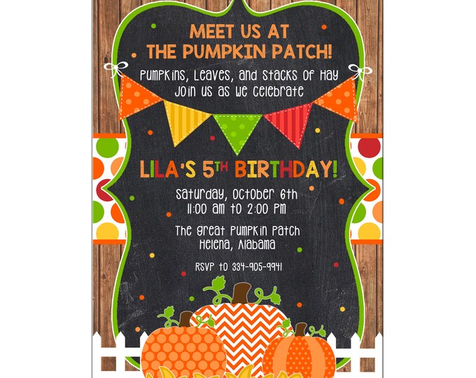 Boy or Girl Invitation Pumpkin Patch Fall Halloween Birthday Party - Can personalize colors /wording - Printable File or Printed Cards