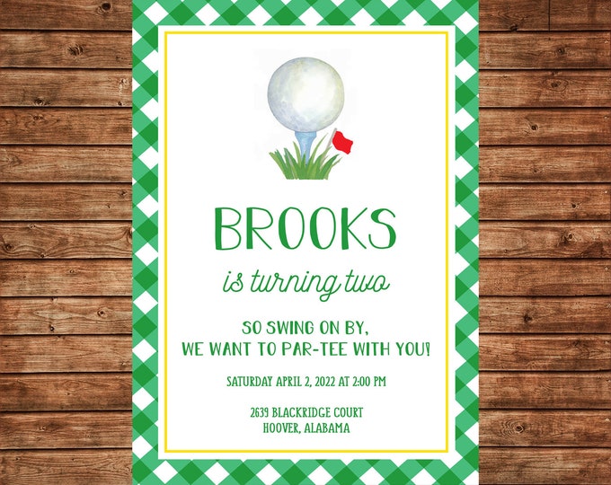 Boy Invitation Watercolor Golf Ball Gingham Preppy Birthday Party - Can personalize colors /wording - Printable File or Printed Cards