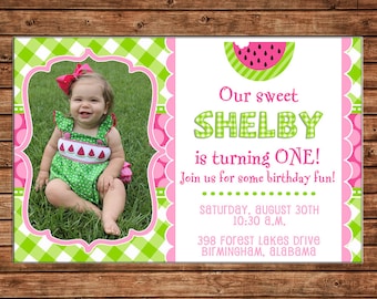 Girl Invitation Watermelon Gingham Summer Birthday Party - Can personalize colors /wording - Printable File or Printed Cards