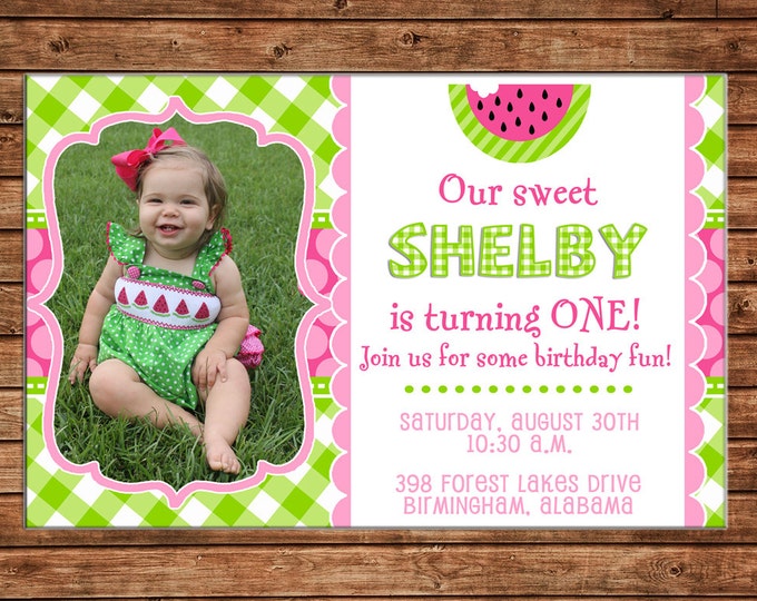 Girl Invitation Watermelon Gingham Summer Birthday Party - Can personalize colors /wording - Printable File or Printed Cards