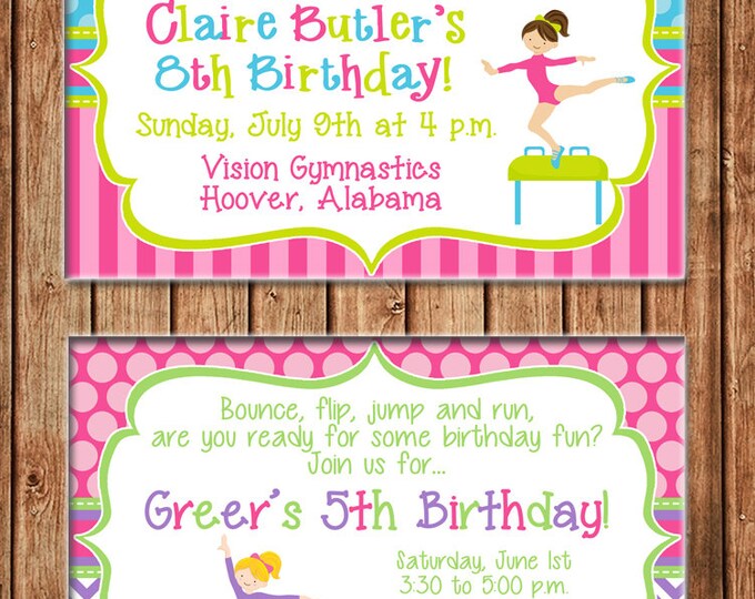 Girl Invitation Gymnastics Gym Tumbling Birthday Party - Can personalize colors /wording - Printable File or Printed Cards