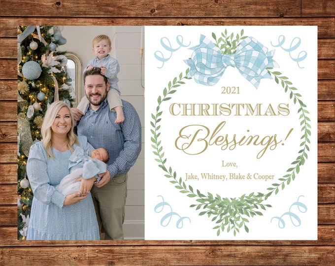 Christmas Holiday Photo Card Blue Teal Gingham Watercolor Wreath Bow - Can Personalize - Printable File