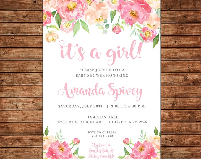 Girl Invitation Watercolor Flowers Baby Shower Birthday Party - Can personalize colors /wording - Printable File or Printed Cards
