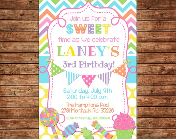 Girl Invitation Candy Sweet Shop Cupcake Birthday Party - Can personalize colors /wording - Printable File or Printed Cards