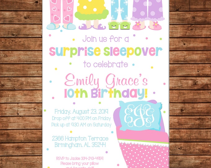 Girl Invitation Sleepover Spend the Night Slumber Birthday Party - Can personalize colors /wording - Printable File or Printed Cards