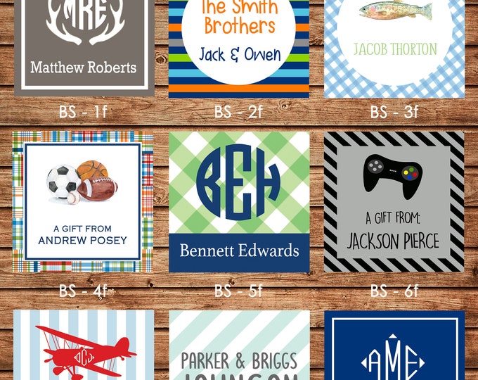 24 Square Personalized Boy Enclosure Cards, Gift Stickers, Gift Tags