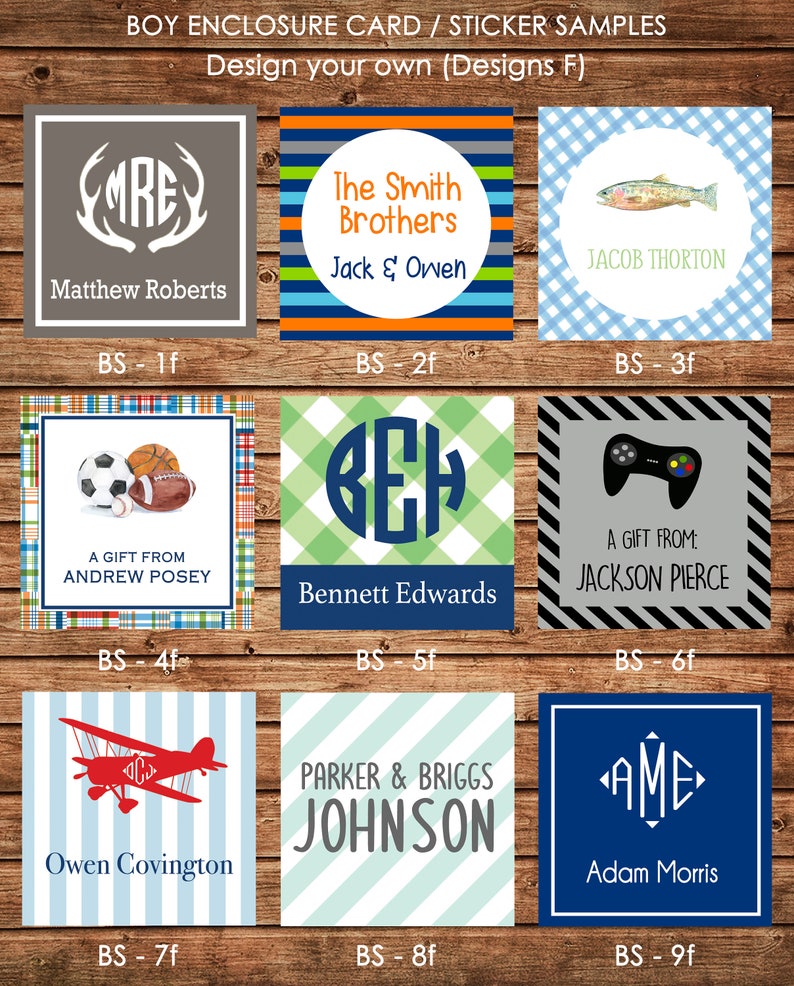 24 Square Personalized Boy Enclosure Cards, Gift Stickers, Gift Tags image 1