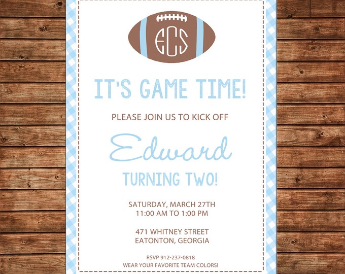 Boy Invitation Monogram Football Gingham Baby Shower Birthday Party - Can personalize colors /wording - Printable File or Printed Cards