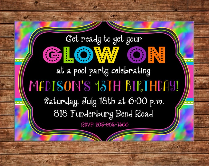 Boy or Girl Invitation Neon Glow Tween Birthday Party - Can personalize colors /wording - Printable File or Printed Cards