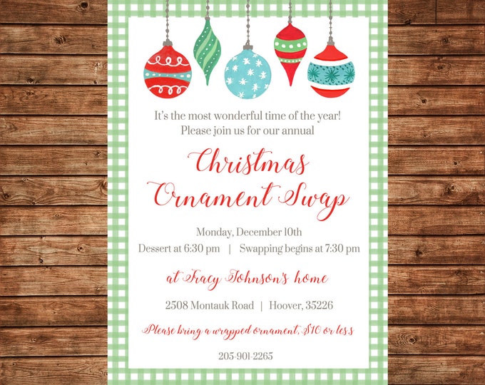 Invitation Watercolor Ornament Swap Exchange Christmas Shower Party - Can personalize colors /wording - Printable File or Printed Cards
