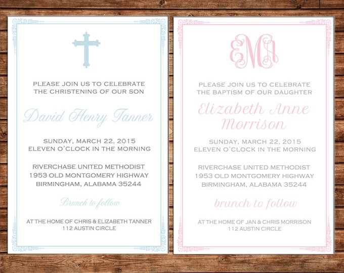 Boy or Girl Invitation Baptism Christening Dedication Cross Announcement - Can personalize colors /wording - Printable File or Printed Cards