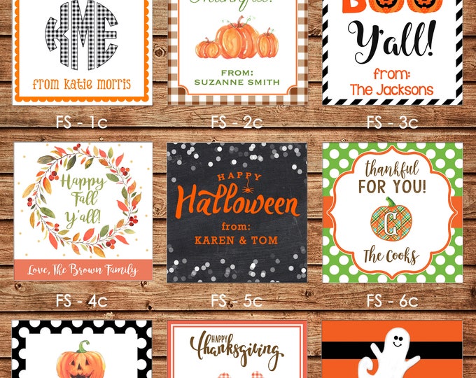 24 Square Personalized Halloween Fall Thanksgiving Enclosure Cards, Gift Stickers, Gift Tags