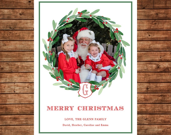 Photo Picture Christmas Holiday Card Watercolor Wreath Monogram Shield - Digital File