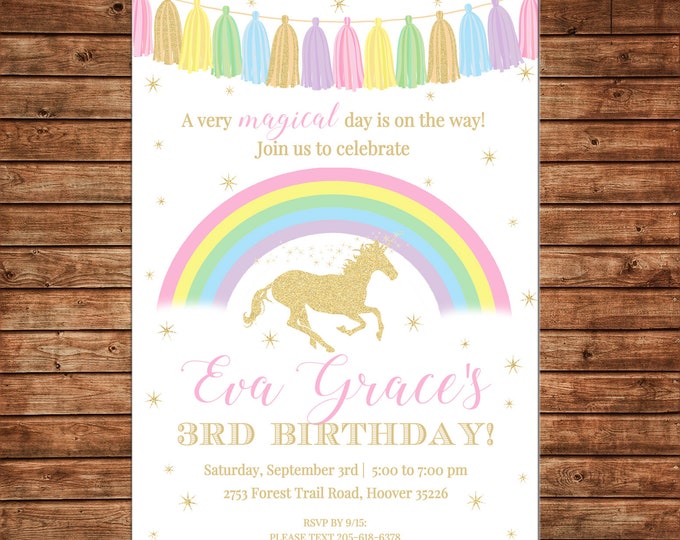 Girl Invitation Tassel Rainbow Unicorn Glitter Birthday Party - Can personalize colors /wording - Printable File or Printed Cards