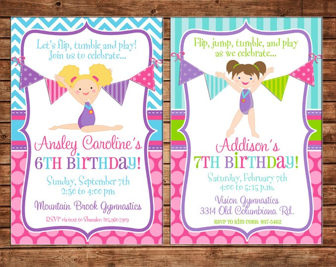 Girl Invitation Gymnastics Tumbling Dance Dancing Birthday Party - Can personalize colors /wording - Printable File or Printed Cards