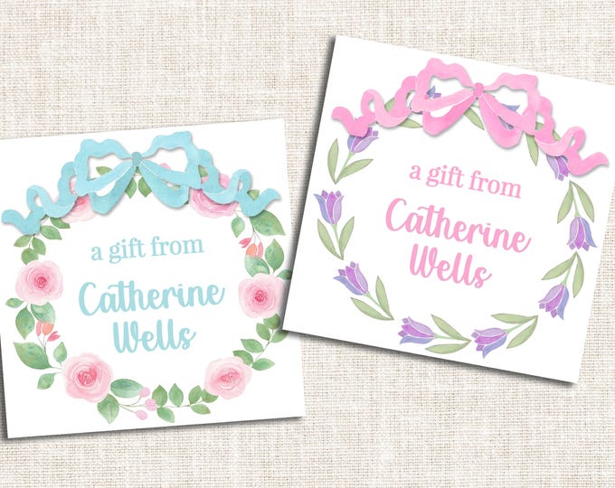 Personalized Girl Gift Tags, Enclosure Cards, Gift Stickers, Floral Wreath