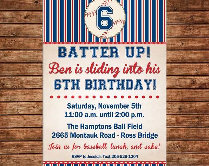 Boy Invitation Vintage Baseball Birthday Party - Can personalize colors /wording - Printable File or Printed Cards