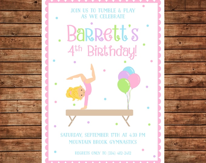 Girl Invitation Gymnastics Gym Birthday Party - Can personalize colors /wording - Printable File or Printed Cards