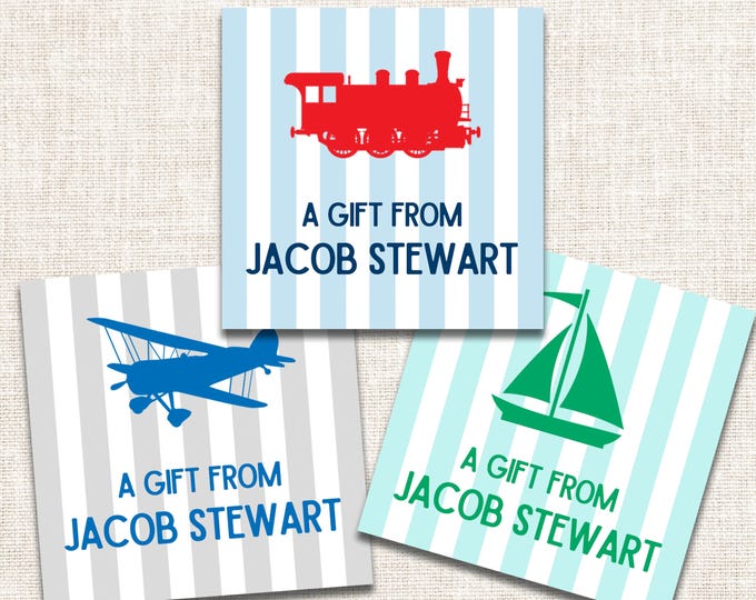 Personalized Boy Gift Tags, Boy Enclosure Cards, Boy Gift Stickers, Airplane Gift Tag, Train Gift Tag, Sailboat Gift Tag
