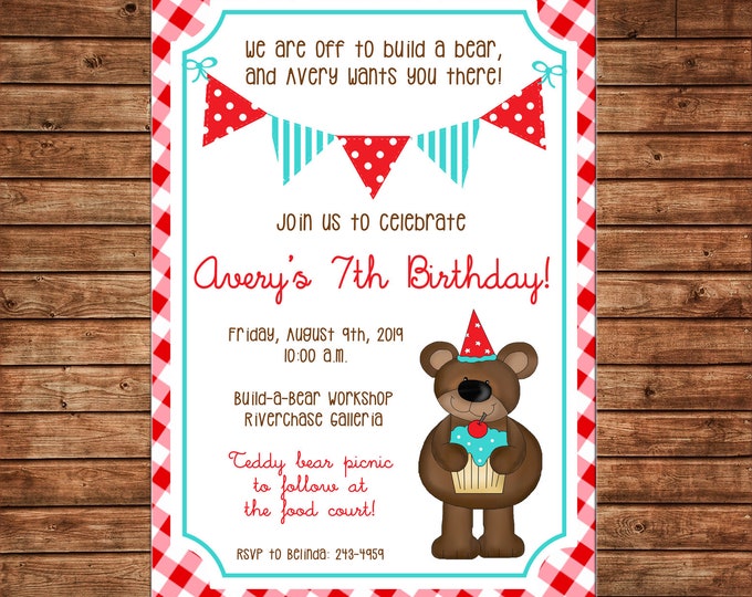 Boy or Girl Gingham Invitation Bear Teddy Birthday Party - Can personalize colors /wording - Printable File or Printed Cards