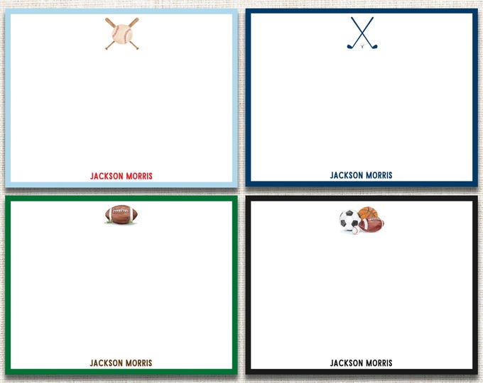 Personalized Boy Stationery, Boy Personalized Notecards, Boy Flat Note Cards, Preppy Stationery, Sports Notecards