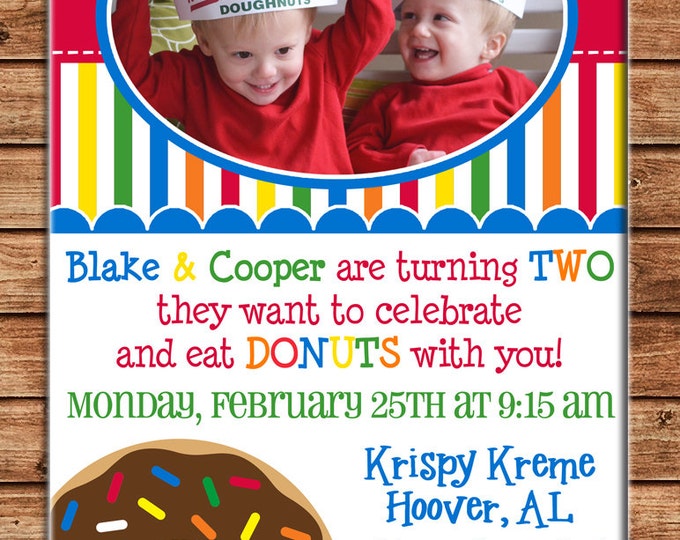 Boy or Girl Photo Invitation Donut Donuts Birthday Party - Can personalize colors /wording - Printable File or Printed Cards