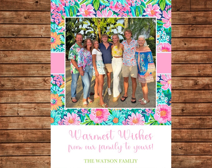 Christmas Holiday Photo Card Preppy Watercolor Tropical Print  - Can Personalize - Printable File