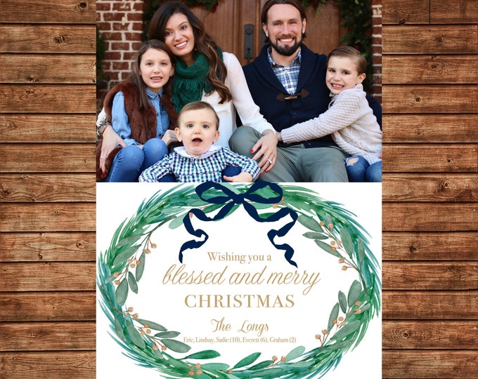 Christmas Holiday Photo Card Navy Green Watercolor Wreath - Can Personalize - Printable File