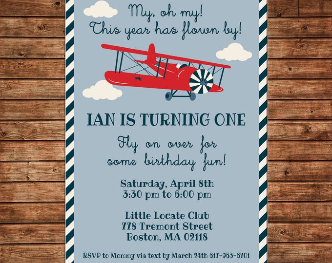 Boy Invitation Vintage Plane Airplane Baby Shower Birthday Party - Can personalize colors /wording - Printable File or Printed Cards