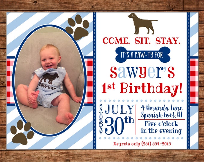 Boy Photo Invitation Puppy Pawty Dog Birthday Party - Can personalize colors /wording - Printable File or Printed Cards