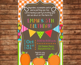 Boy or Girl Invitation Pumpkin Patch Fall Halloween Birthday Party - Can personalize colors /wording - Printable File or Printed Cards