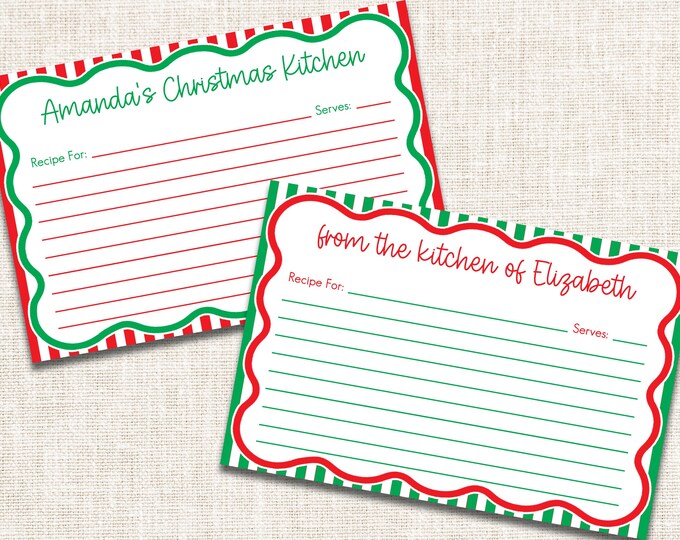 Personalized Christmas Recipe Cards, Preppy Recipe Cards, Monogrammed Recipe Cards