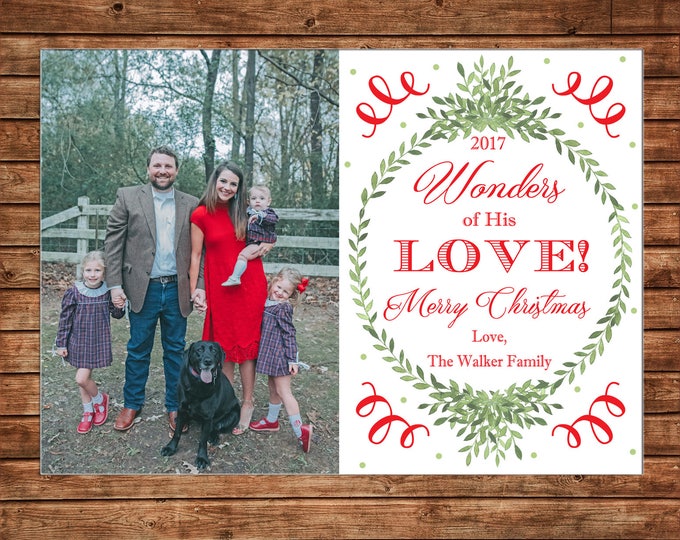 Christmas Holiday Photo Card Wonders of His love watercolor wreath  - Can Personalize - Printable File