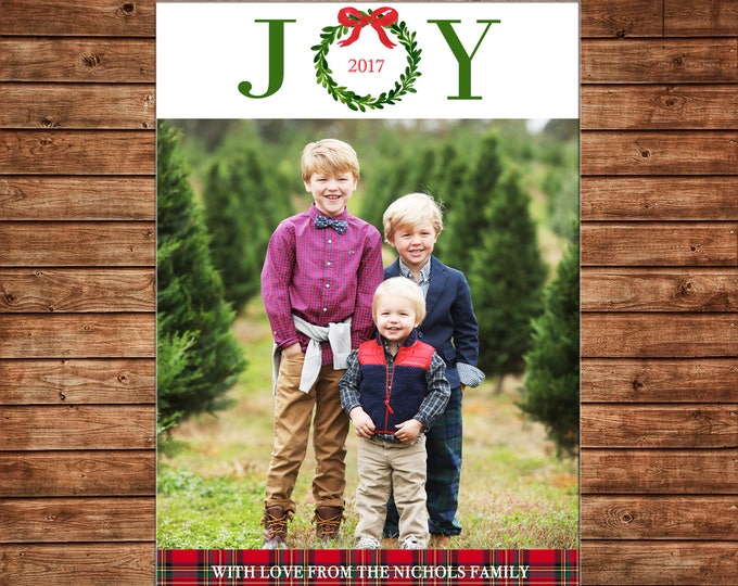 Christmas Holiday Photo Card JOY watercolor wreath bow tartan plaid  - Can Personalize - Printable File