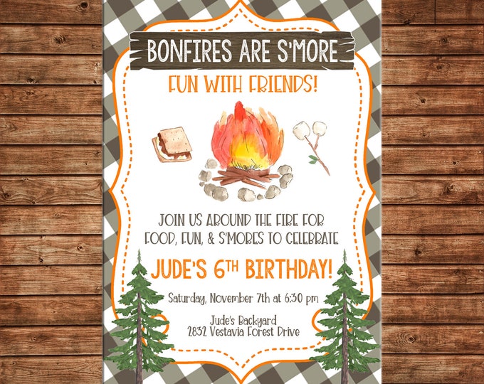 Smores Campfire Bonfire Camping Birthday Invitation  - Can personalize colors /wording - Printable File or Printed Cards
