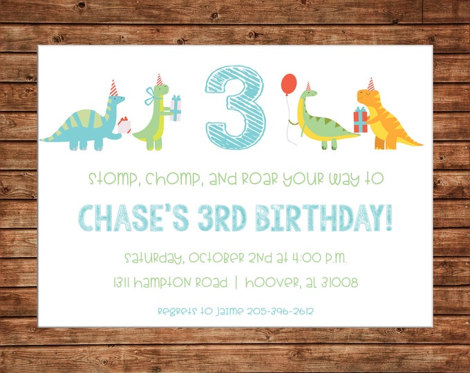 Boy Invitation Watercolor Dinosaur Dino Birthday Party - Can personalize colors /wording - Printable File or Printed Cards