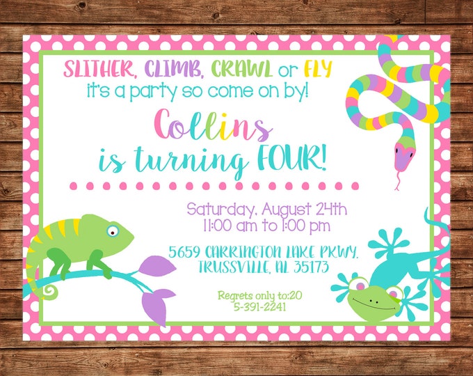 Girl Invitation Reptile Snake Lizard Birthday Party - Can personalize colors /wording - Printable File or Printed Cards
