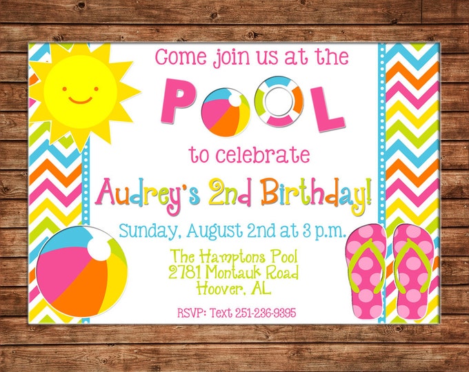 Girl Invitation Summer Pool School's Out Flip Flop Beach Birthday Party - Can personalize colors /wording - Printable File or Printed Cards