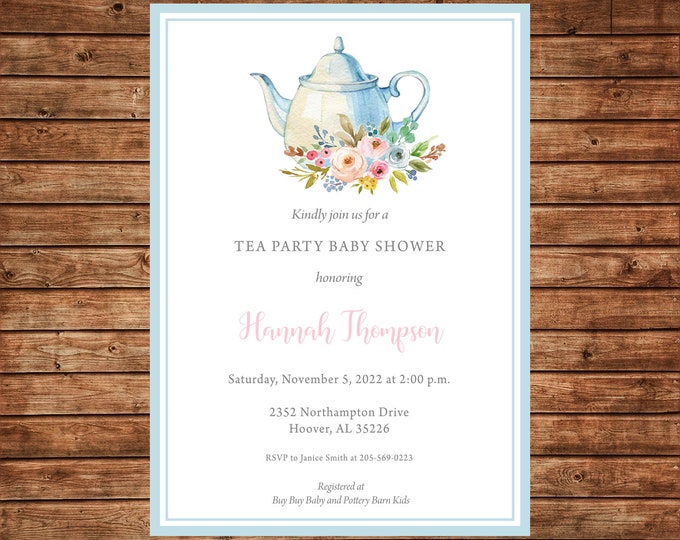Girl Invitation Watercolor Tea Shower Brunch Birthday Party - Printable File or Printed Cards