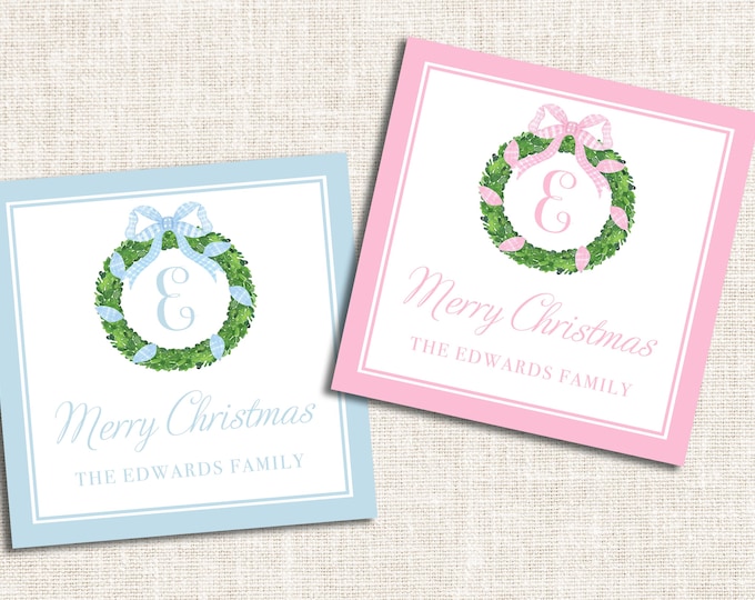 Personalized Christmas Gift Tags, Christmas Enclosure Cards, Christmas Gift Stickers, Watercolor Christmas Wreath