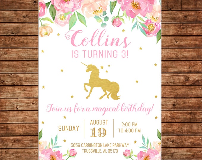 Girl Invitation Watercolor Flowers Gold Unicorn Birthday Party - Can personalize colors /wording - Printable File or Printed Cards