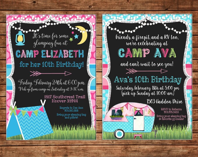 Girl Invitation Glamping Tent Airstream RV Birthday Party - Can personalize colors /wording - Printable File or Printed Cards