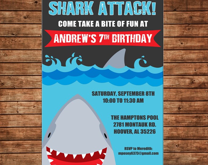 Boy or Girl Invitation Shark Attack Pool Beach Birthday Party - Can personalize colors /wording - Printable File or Printed Cards