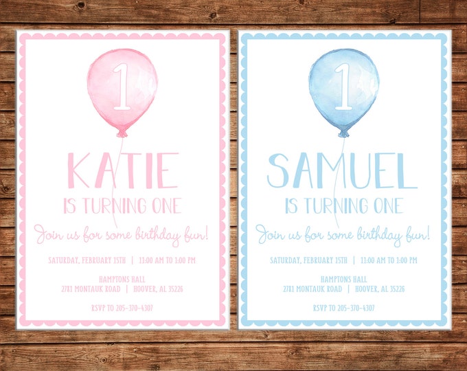 Boy or Girl Invitation Watercolor Balloon Balloons Birthday Party - Can personalize colors /wording - Printable File or Printed Cards