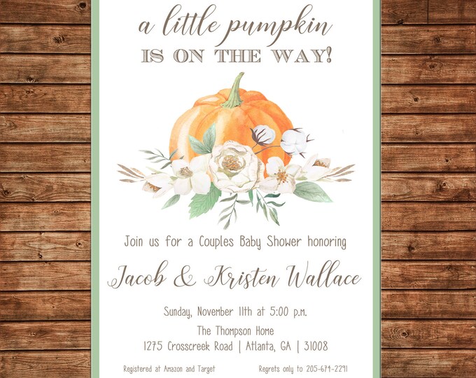 Little Pumpkin Invitation Watercolor Baby Shower - Can personalize colors /wording - Printable File or Printed Cards