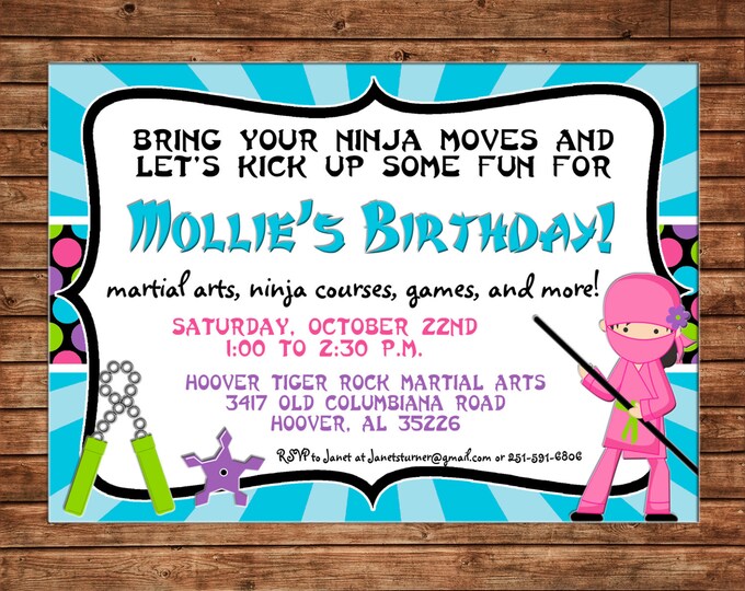 Girl Invitation Ninja Warrior Karate Birthday Party - Can personalize colors /wording - Printable File or Printed Cards