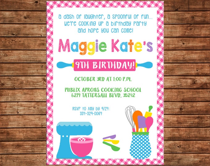 Girl Invitation Baking Cooking Bake Birthday Party - Can personalize colors /wording - Printable File or Printed Cards