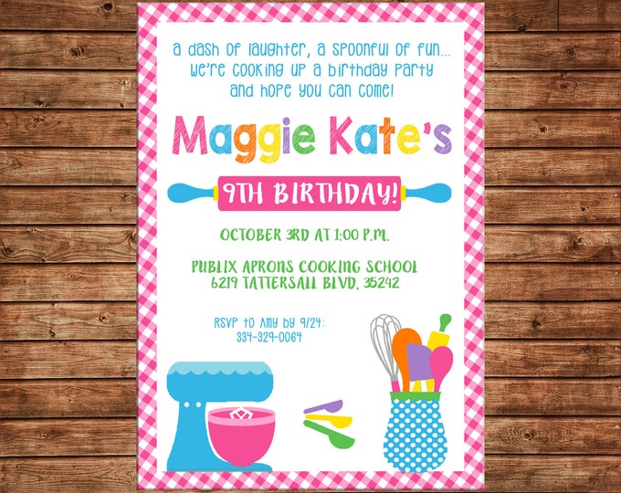 Girl Invitation Baking Cooking Bake Birthday Party - Can personalize colors /wording - Printable File or Printed Cards