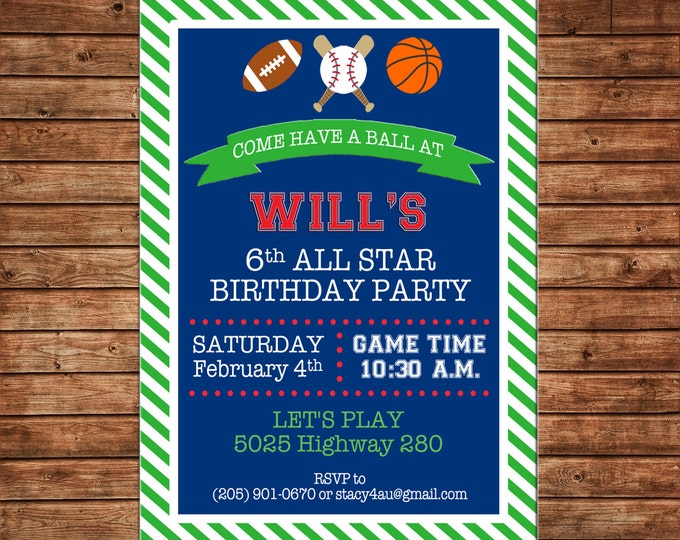 Boy Invitation Sports Football Baseball Basketball Birthday Party - Can personalize colors /wording - Printable File or Printed Cards